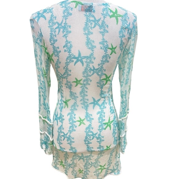 Letarte sheer handmade 100% silk beaded tunic top white & turquoise size small - Picture 6 of 11